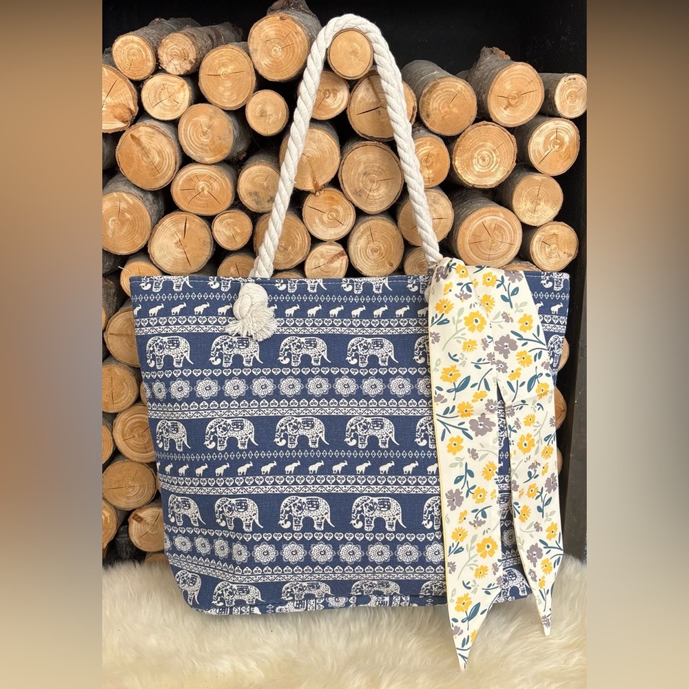 Elephant Print Canvas Tote Bag in Navy and White - Picture 6 of 10